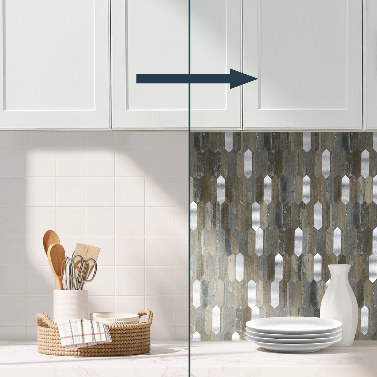 Crédence adhésive murale 3D - Effet bois et métal 4 pièces couleur unique, DOUCEUR D'INTÉRIEUR