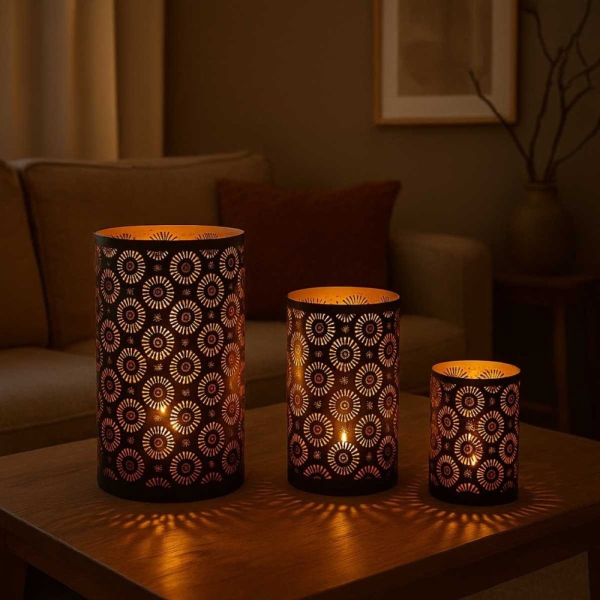 Set de 3 lanternes découpe ajourée fleurs noir & or noir, ORNAMI
