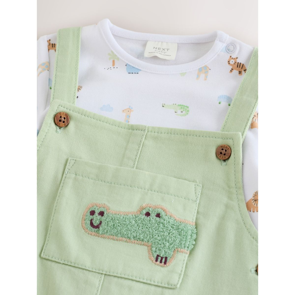 Ensemble salopette et body en sergé bébé animaux du safari vert, NEXT