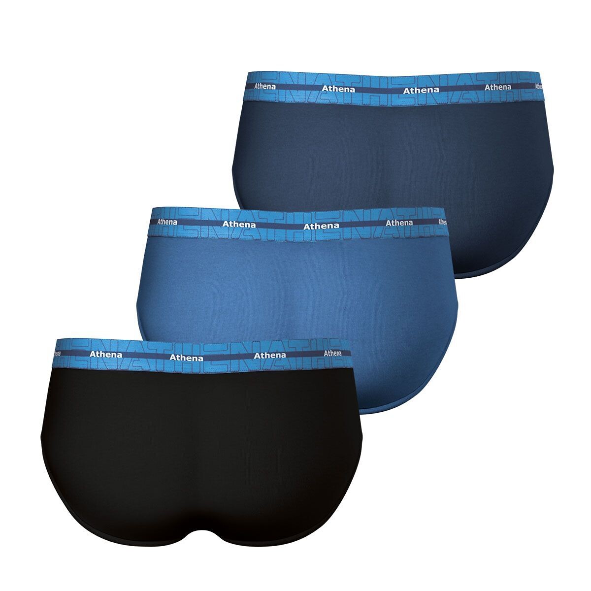 Lot de 3 slips, coton stretch noir + bleu + gris, ATHENA