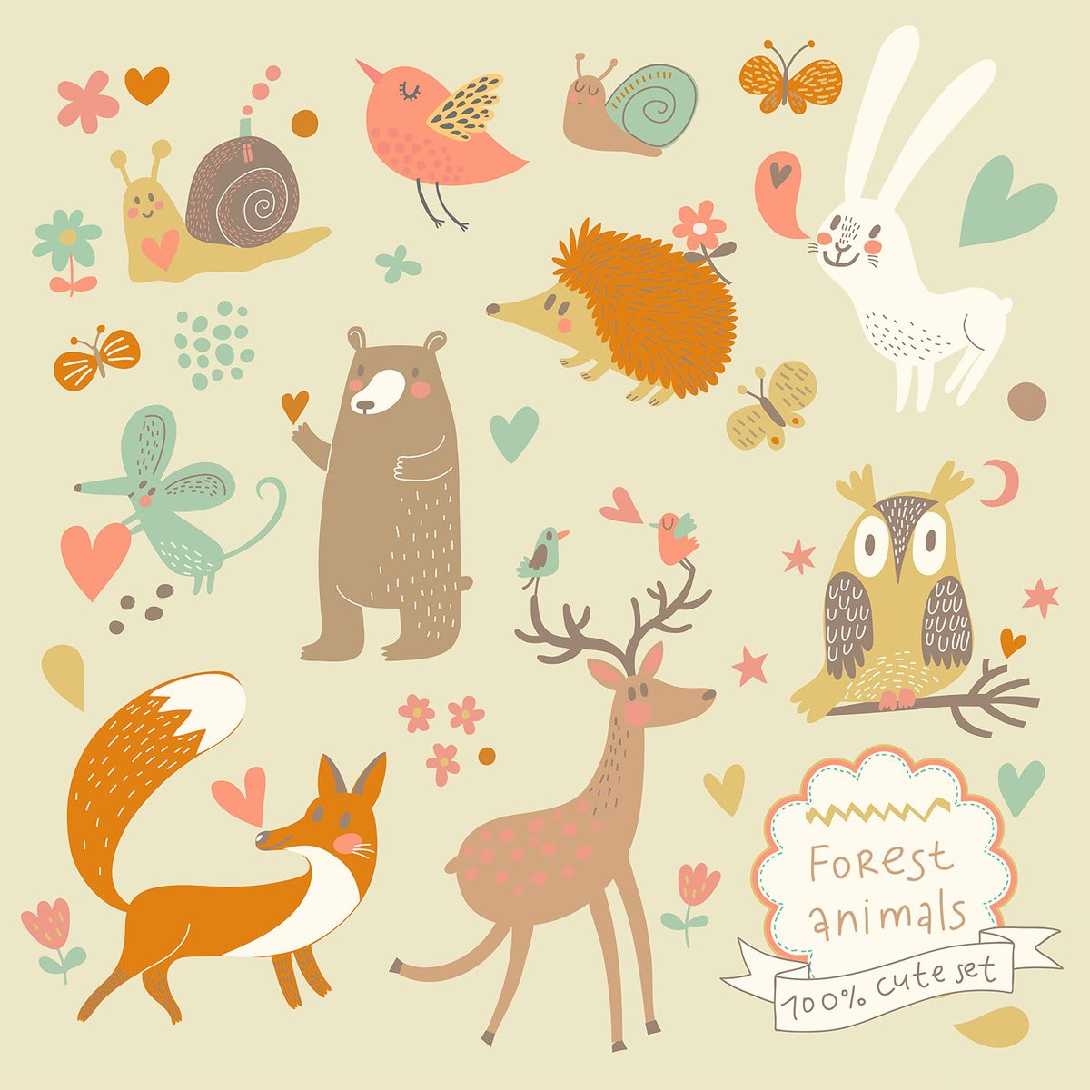 Tableau enfant cute set forest animals toile imprimée, HEXOA