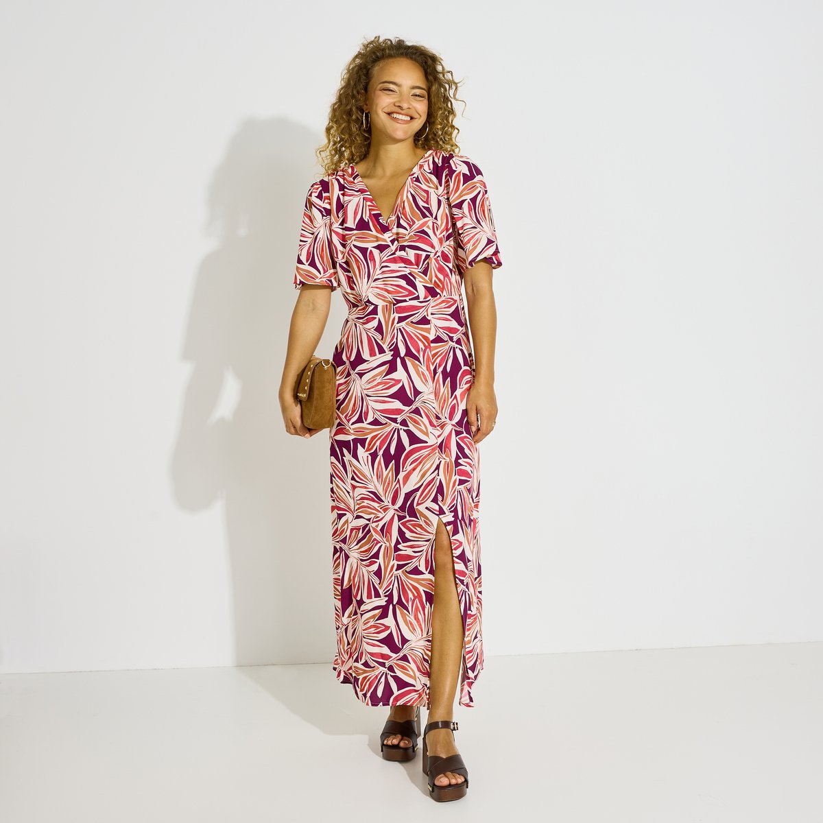 Robe longue habillée imprimé fleuri rose violet, GRAIN DE MALICE