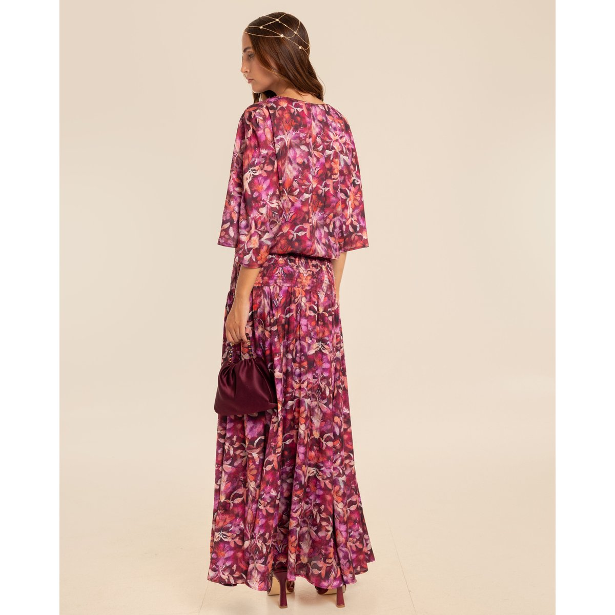 Robe midi froncée à smocks bougainvillier, THE-ARE