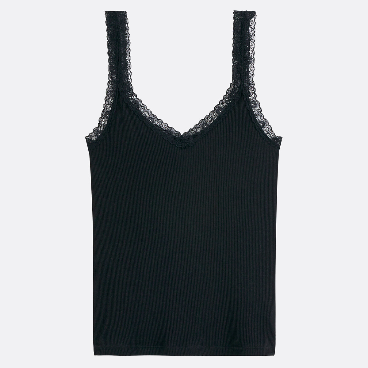 Camiseta de tirantes con cuello en pico y detalle de encaje negro, LA REDOUTE COLLECTIONS