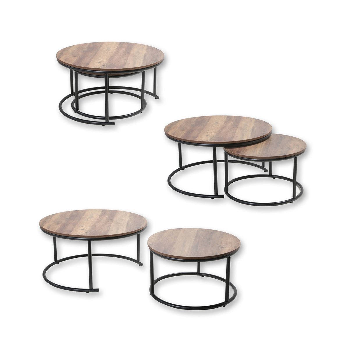 Set de 2 Tables Basses Rondes Gigognes en Bois et Métal Noir bois, WADIGA