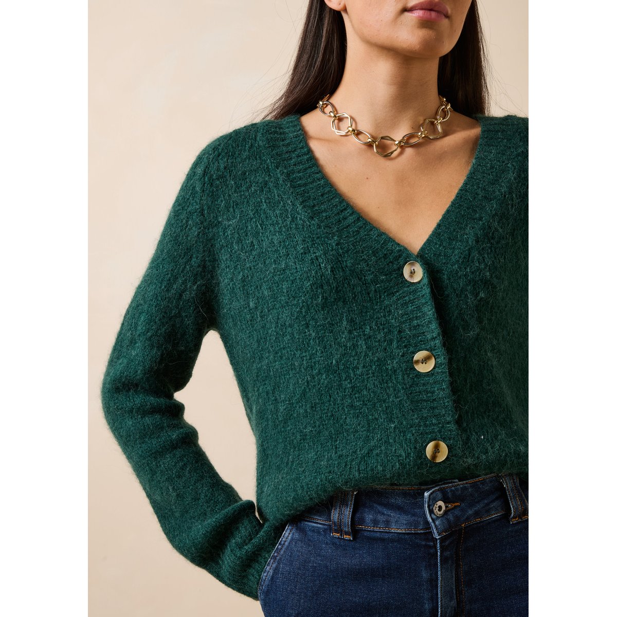 Gilet manches longues col V vert imperial, LA FEE MARABOUTEE