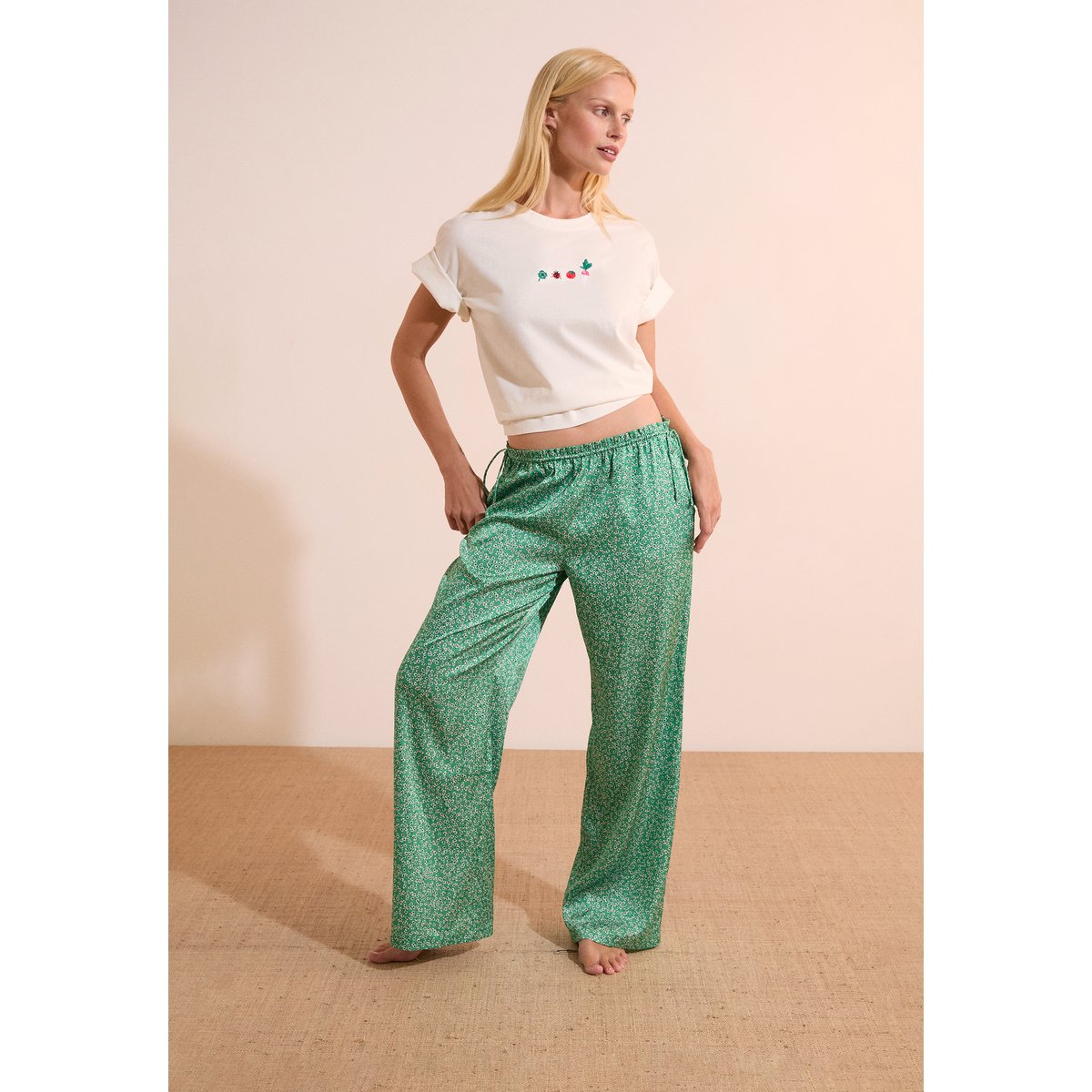 Pantalon de pyjama satiné à motifs TEVERDE imp fond vert, ETAM
