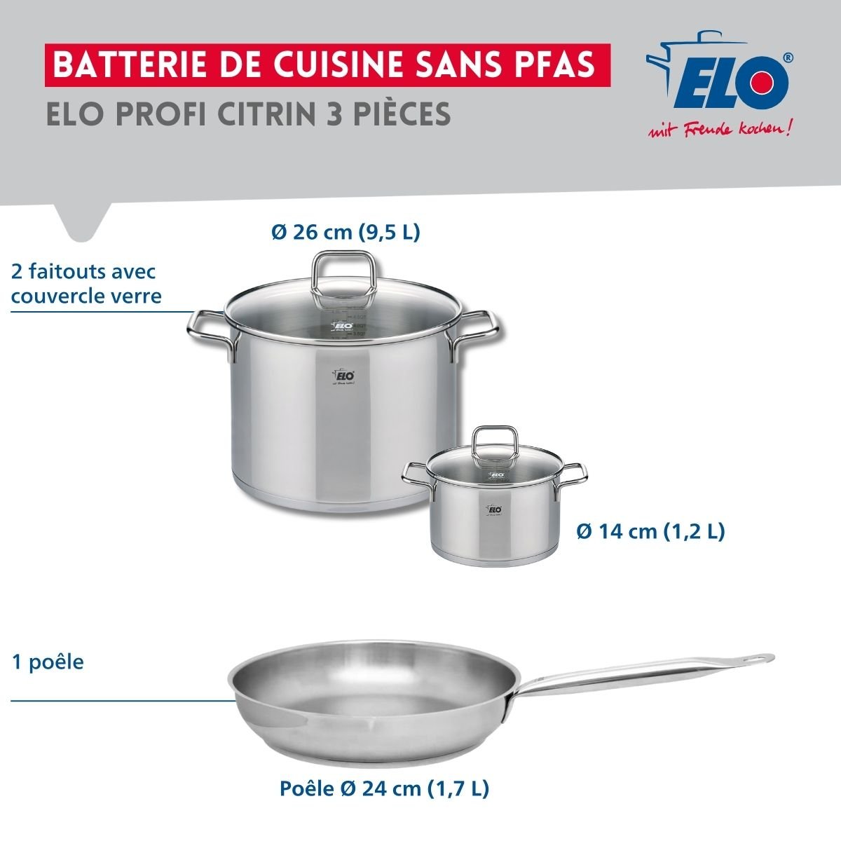 Batterie 1 poêle 24cm + 2 faitouts 14/26cm PROFI CITRIN gris, ELO