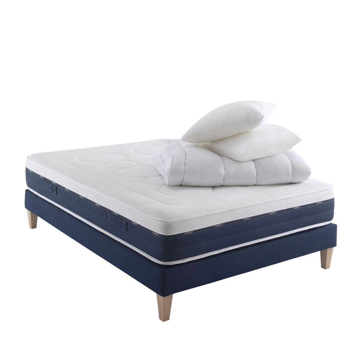 Ensemble matelas ressorts et mémoire de forme, sommier, pieds, couette et oreiller Rêve 600 blanc, SOMEO