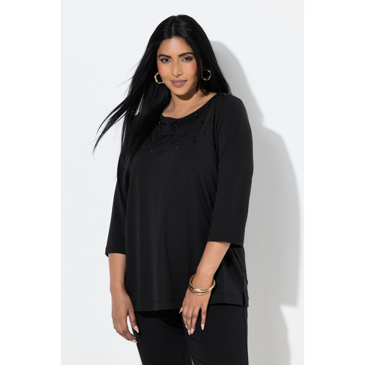 T-shirt avec petits strass noir, ULLA POPKEN