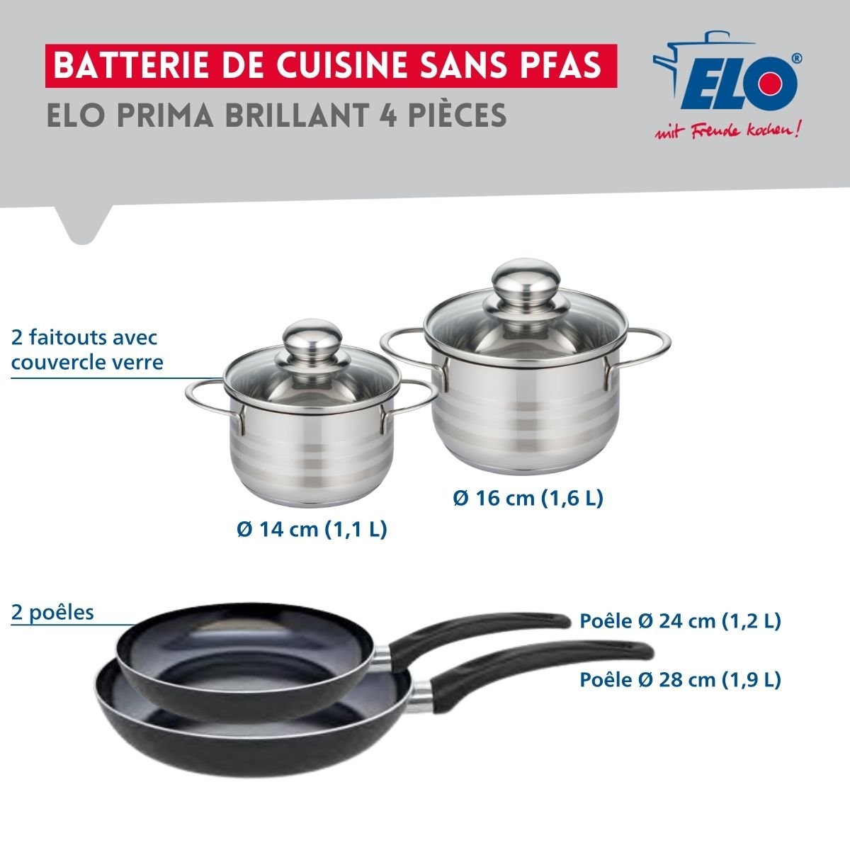 Batterie 2 poêles 24/28cm + 2 faitouts 14/16cm PRIMA BRILLANT noir, ELO