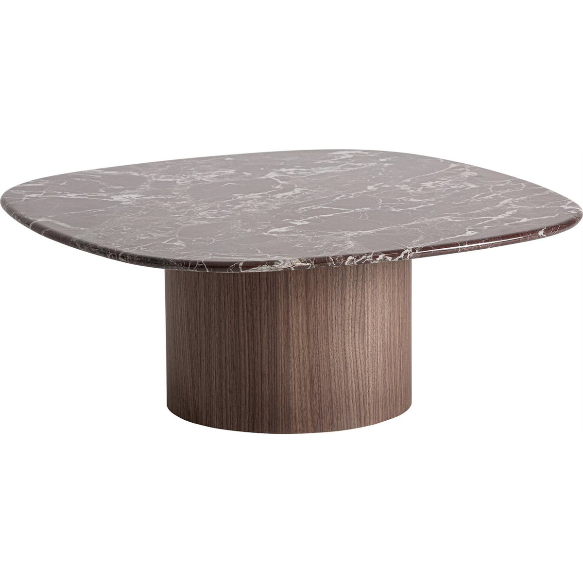 Table basse contemporaine en marbre rouge foncé et noyer brun, RECOLLECTION