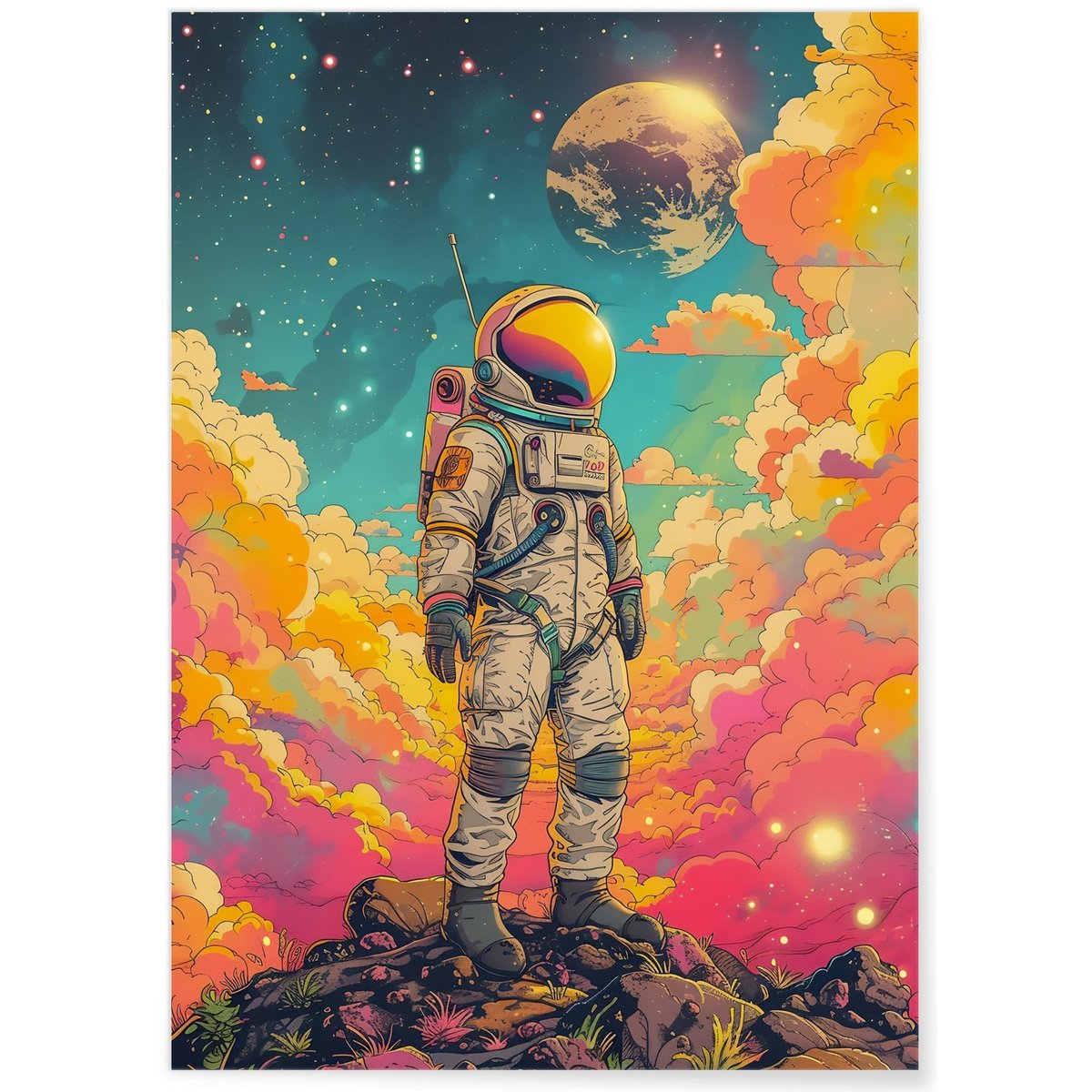 Affiche Astronaute Vintage et Planètes blanc, L'AFFICHERIE