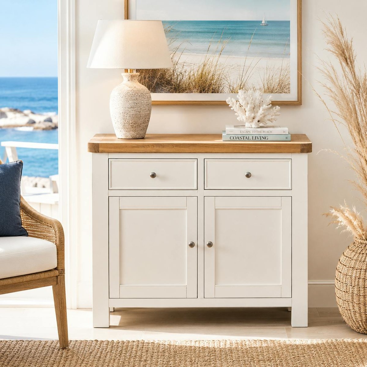Petit buffet blanc 2 portes style bord de mer VELIA blanc, PIER IMPORT