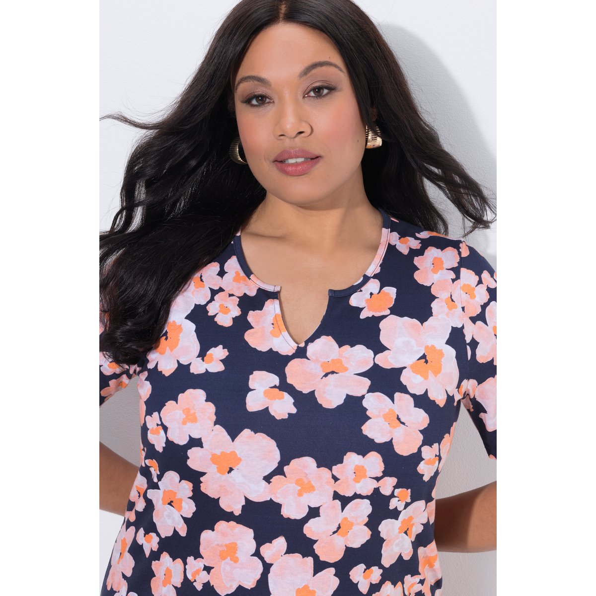 T-shirt long motif à fleurs marine, ULLA POPKEN