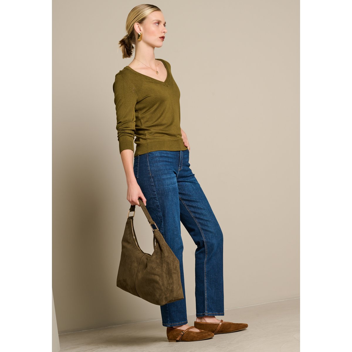 Sac porté épaule suédine khaki, LOLALIZA