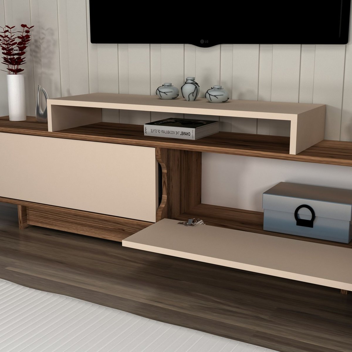 Meuble TV 2 portes basculantes et 1 niche NOELINE beige, TOILINUX