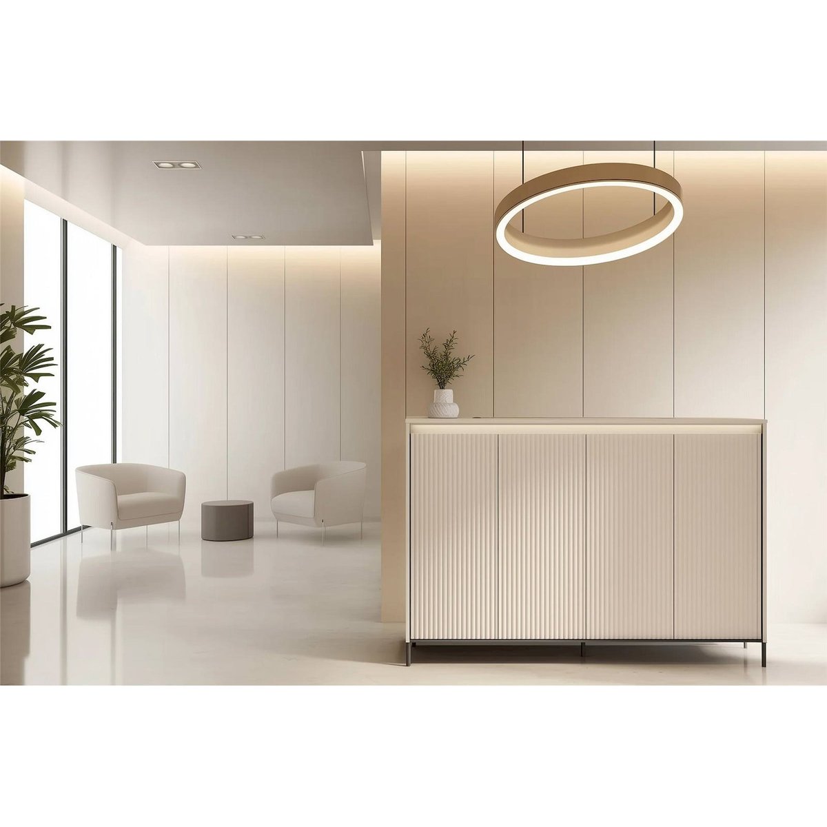 Buffet haut rainuré TREND avec éclairage LED beige sable et noir, RECOLLECTION