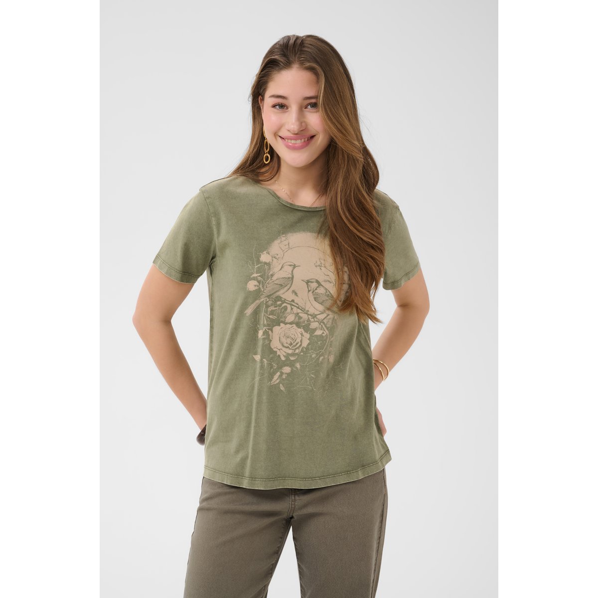 T-shirt à manches courtes vert mulled basil w. bleached birds, CREAM