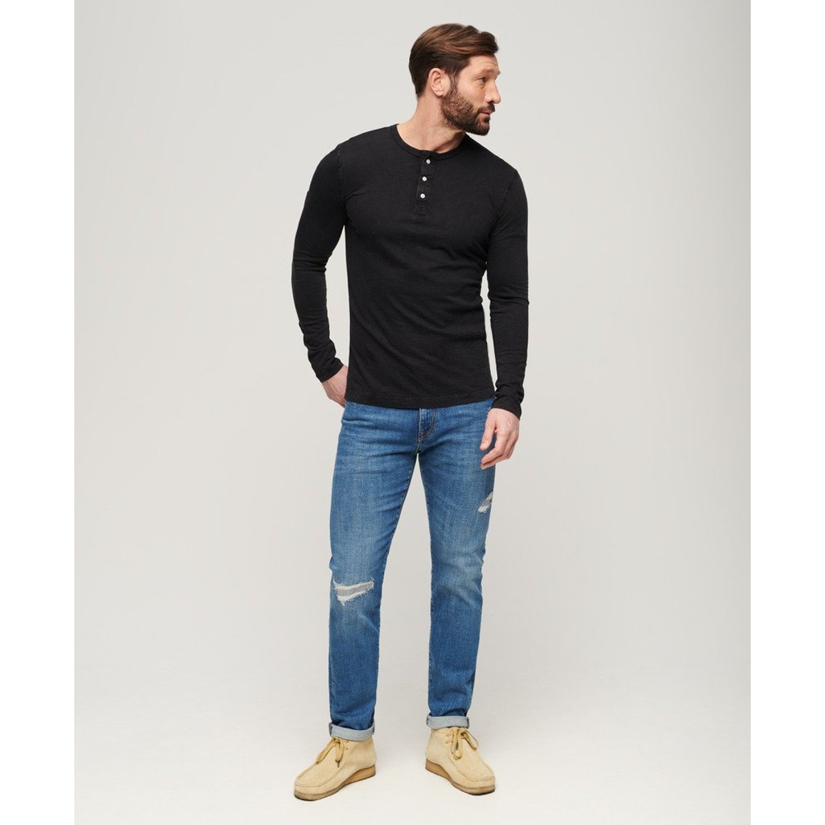 Haut col tunisien en jersey à manches longues noir, SUPERDRY