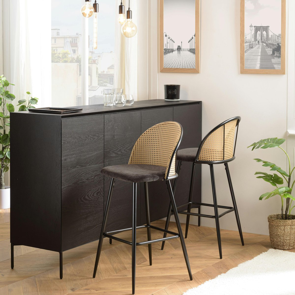 Chaise de bar assise velours noir dossier rotin arrondi (lot de 2) LOANO noir, PIER IMPORT