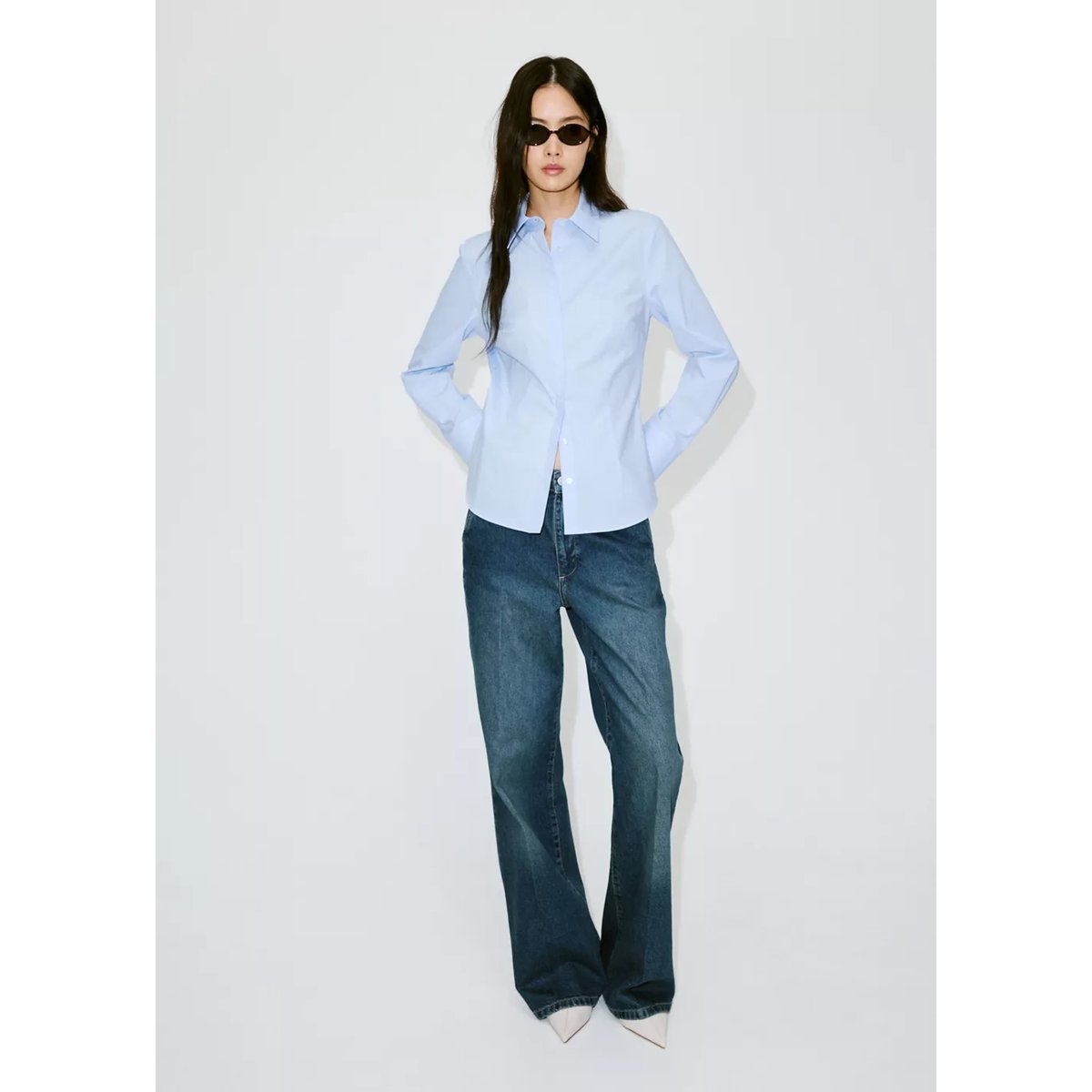 Chemise popeline cintrée bleu ciel, MANGO