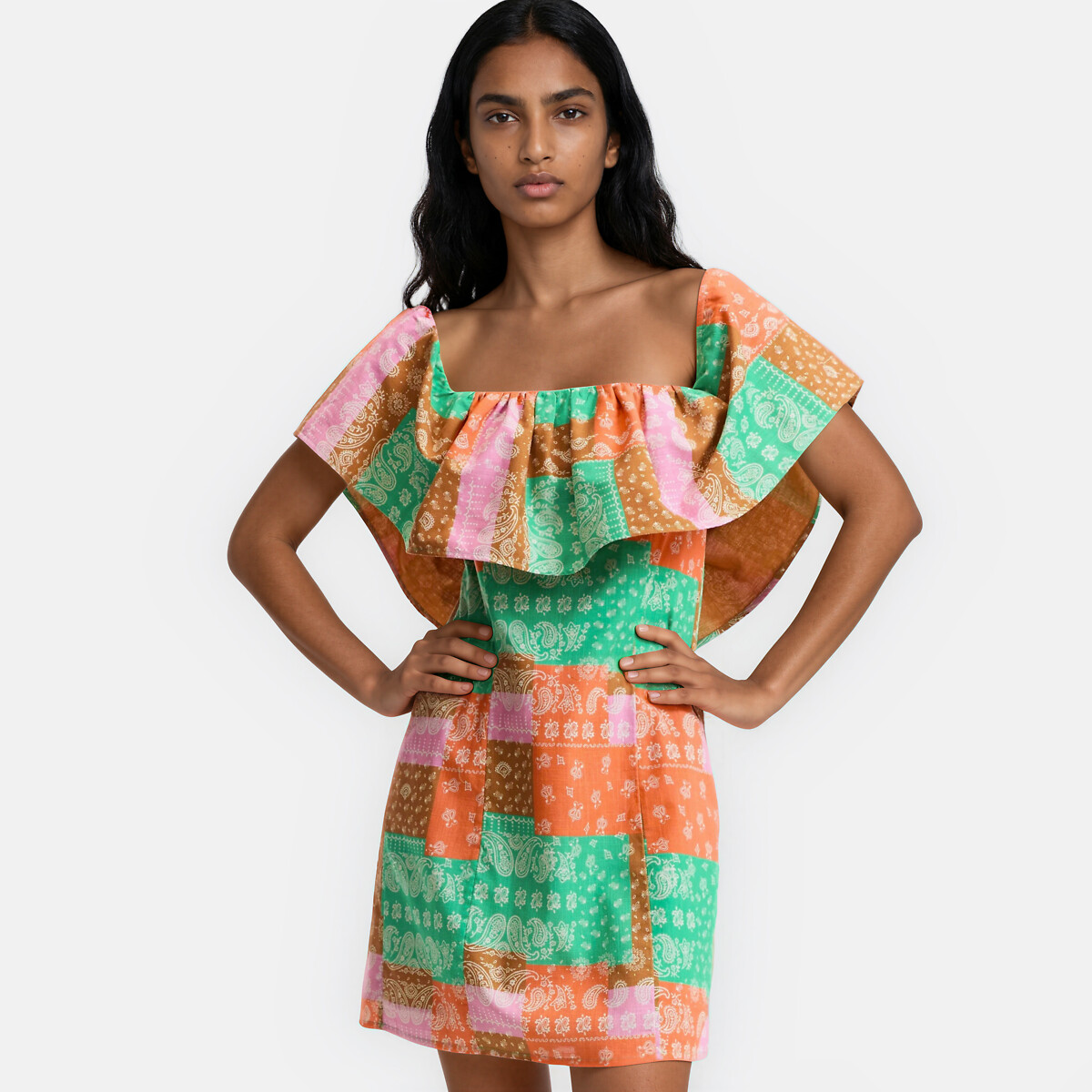 Robe courte à volant imprimé cachemire imprimé multicolore, LA REDOUTE COLLECTIONS