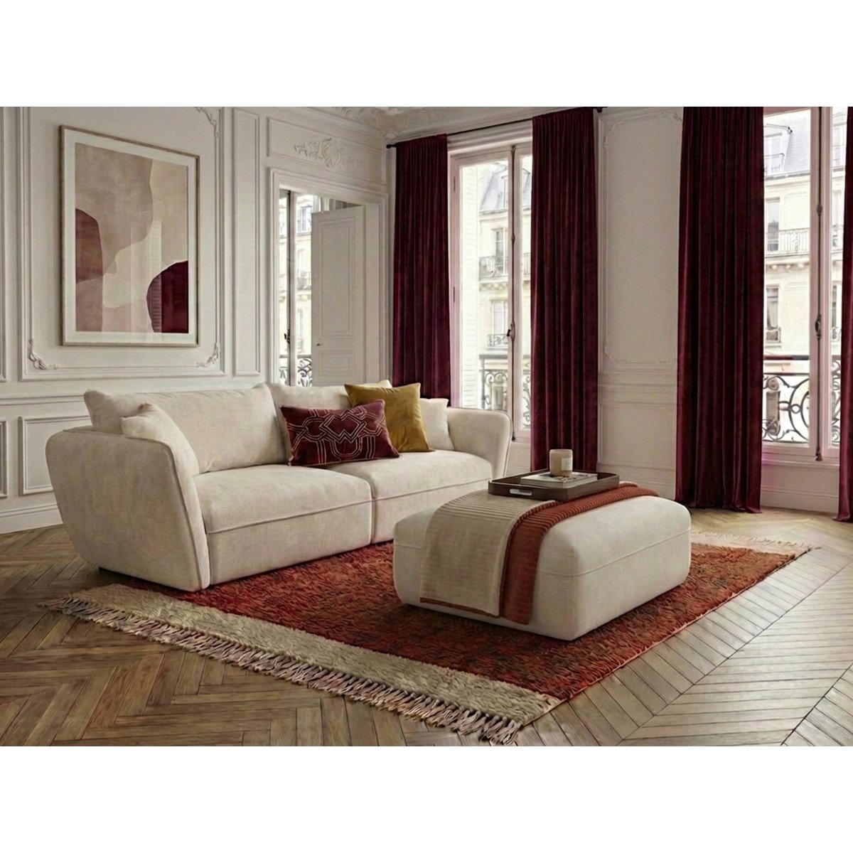 Canapé droit fixe 3 places en tissu texturé avec pouf, LUIGI blanc, BOBOCHIC