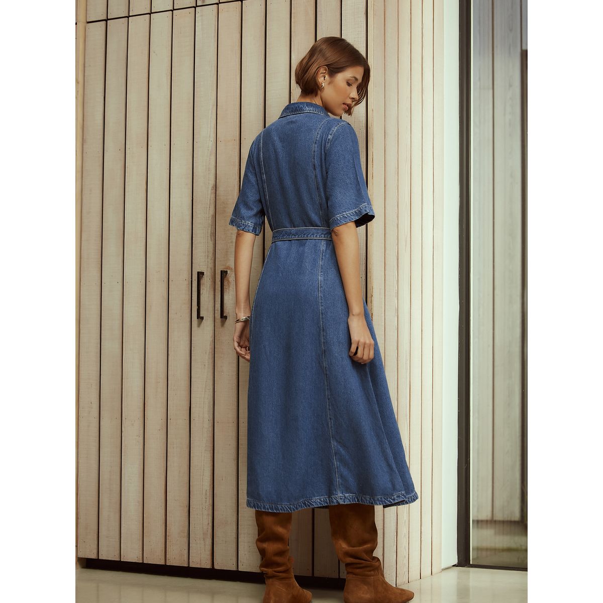 Robe chemise longue à manches courtes jean bleu moyen, NEXT