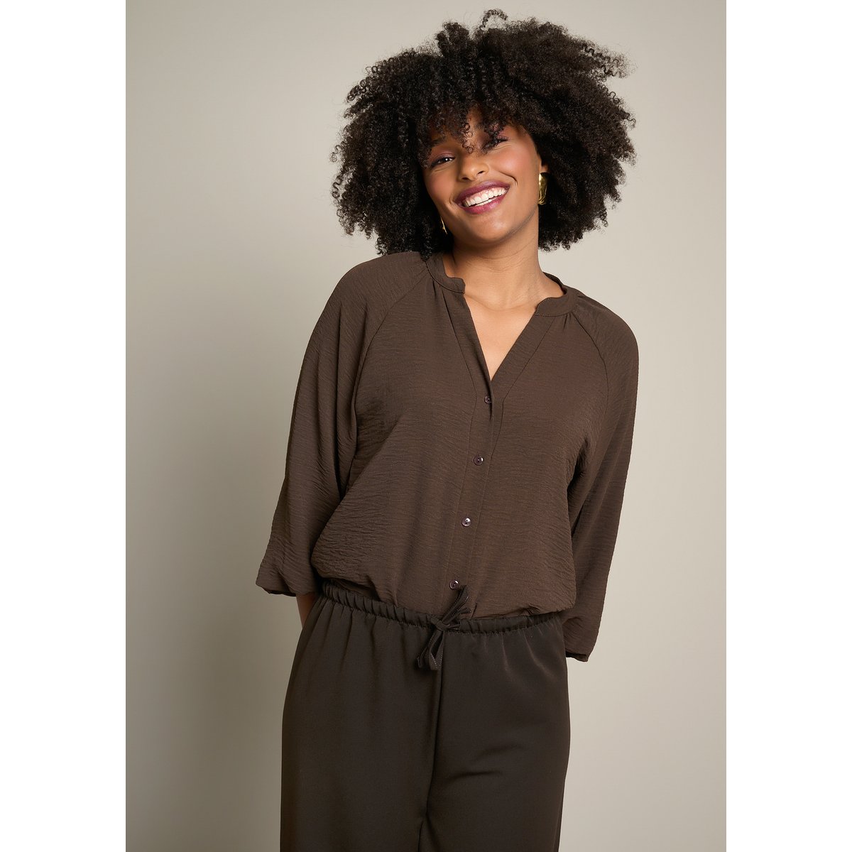 Blouse fluide à col mao brun fonce chocolate, LOLALIZA