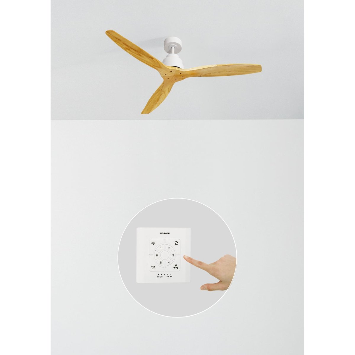 Ventilateur de plafond 40W sans lumière avec contrôleur mural WIND STYLANCE NATURAL WOOD blanc/bois naturel, CREATE