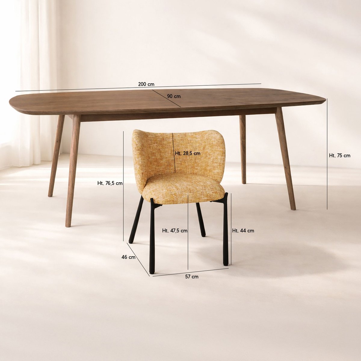 Table effet bois 200cm + 6 fauteuils en tissu noyer / ocre, NOW'S HOME
