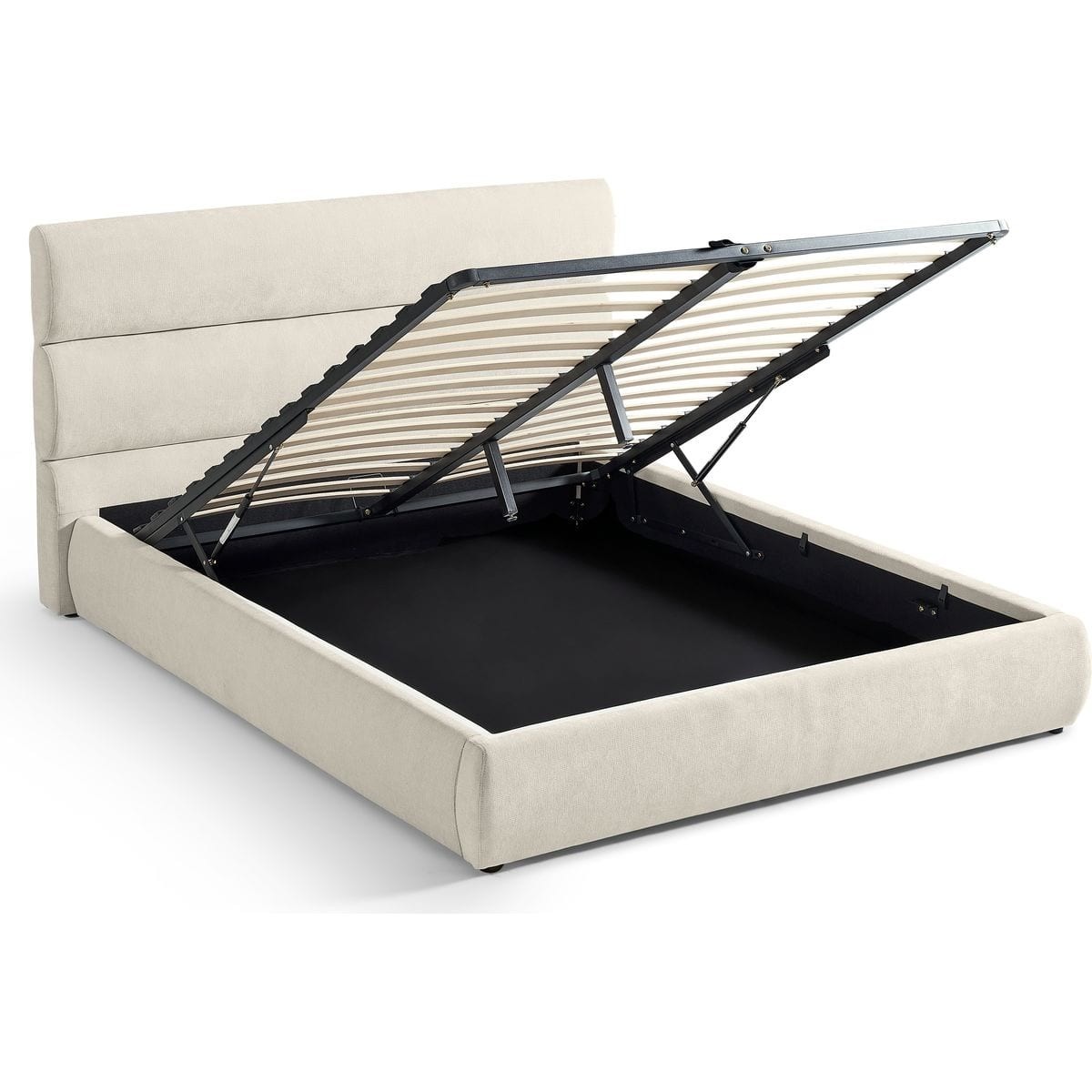 Lit coffre adulte avec tête de lit capitonnée en tissu chenille - SIMON beige, HOMIFAB