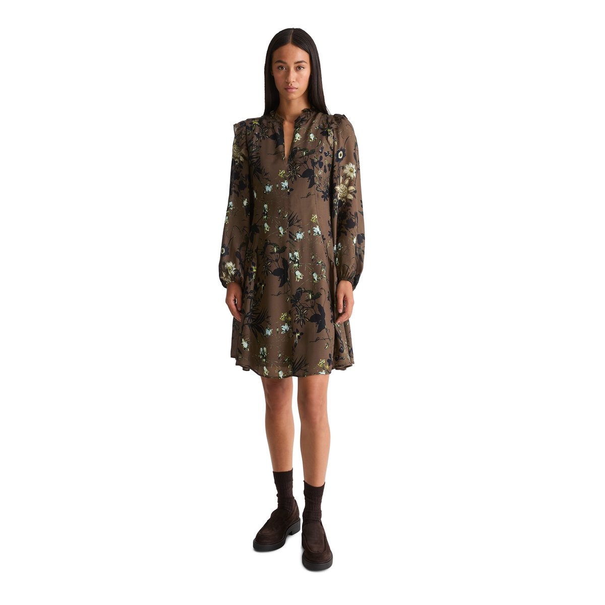 Robe courte coupe trapèze en crêpe de viscose fluide marron, MARC O'POLO