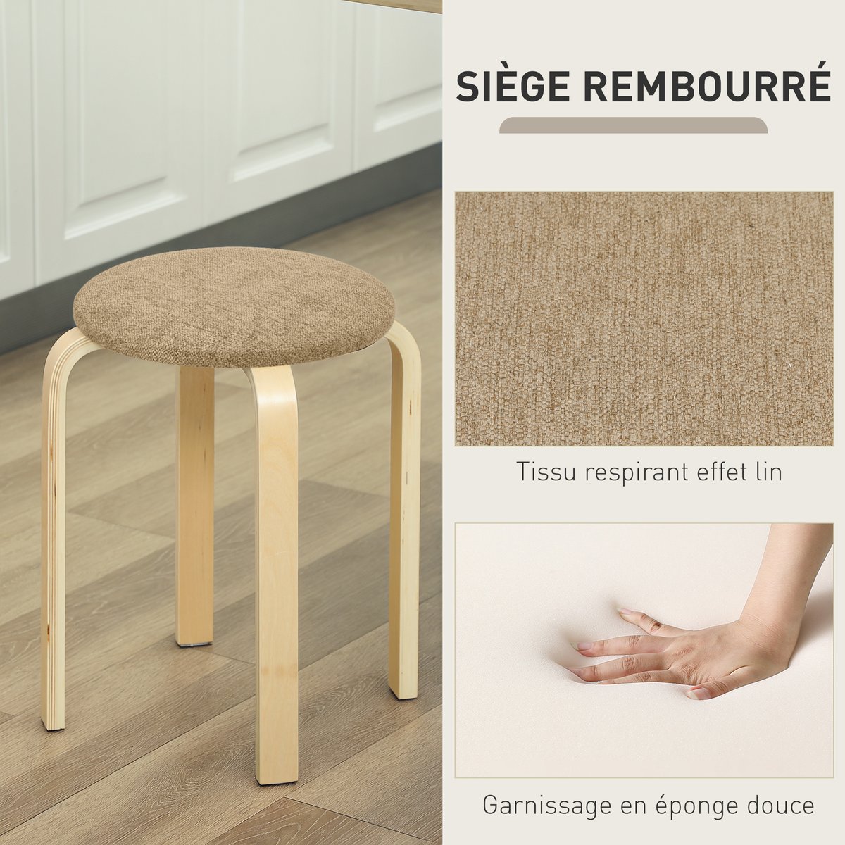 Tabouret Bois Kaki kaki, effet bois naturel, HOMCOM