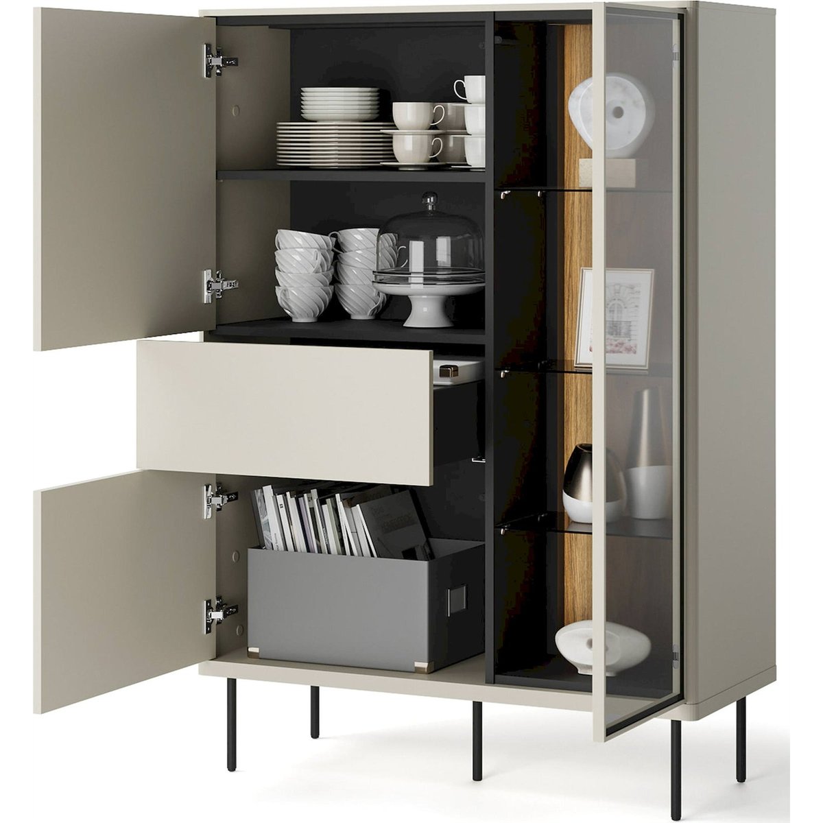 Vitrine haute EPIRO en bois avec éclairage LED beige cachemire, noir et chêne foncé, RECOLLECTION