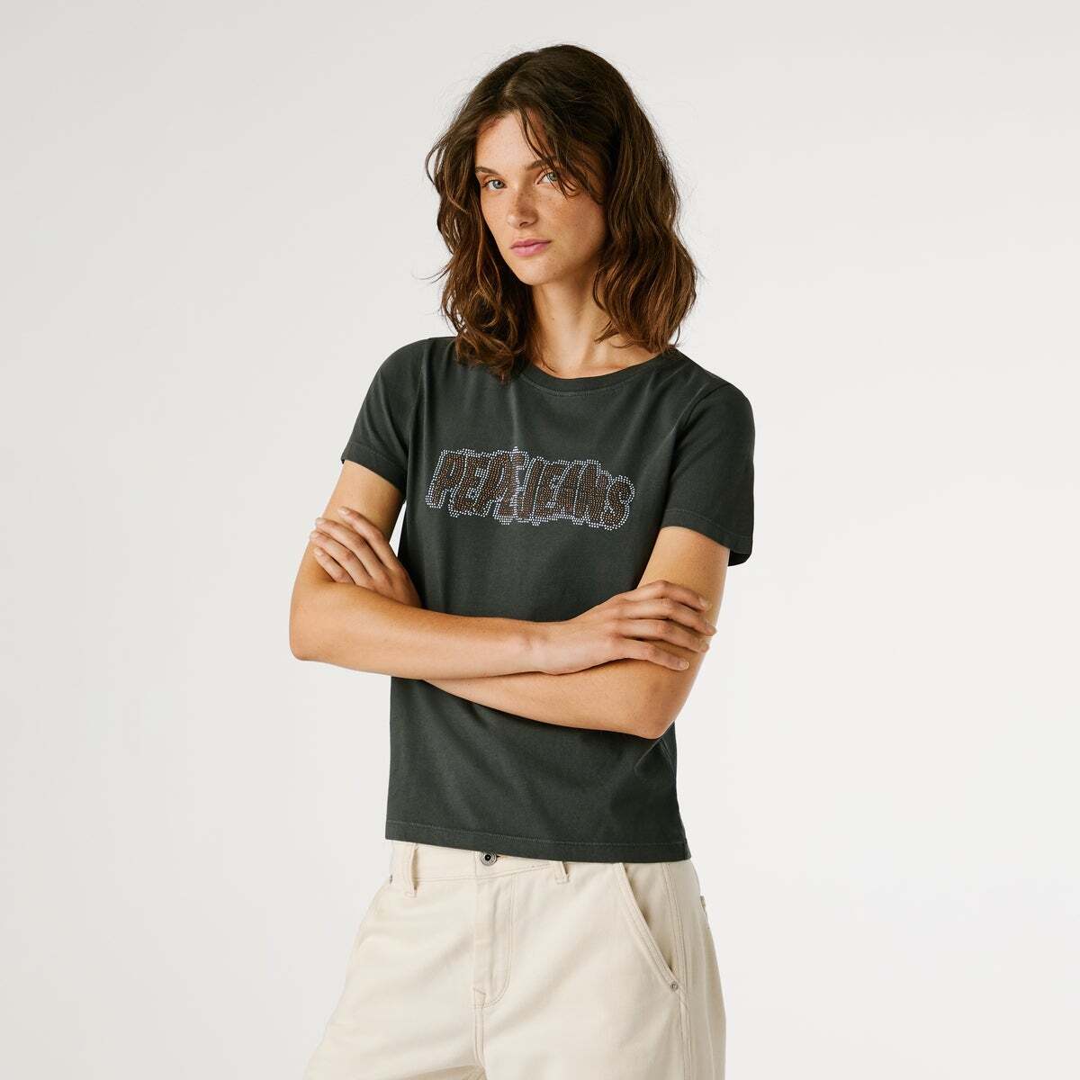 T-Shirt Avec Logo En Strass gris, PEPE JEANS