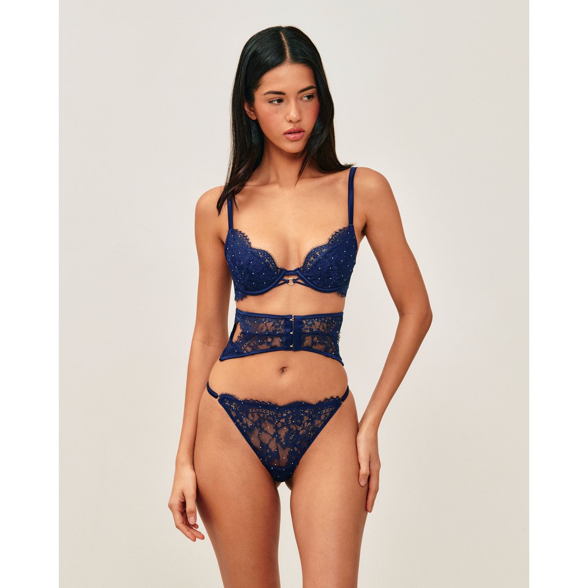 Serre taille en satin et dentelle à strass argentés SHINYLOVIZ marine, UNDIZ