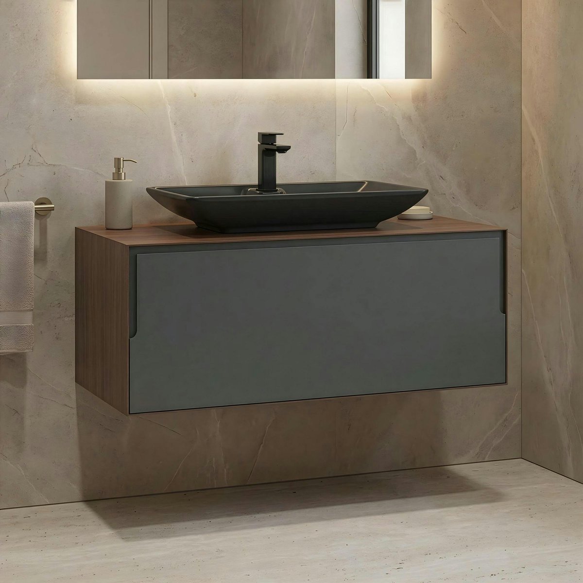 Meuble vasque 100 cm suspendu 1 tiroir + vasque RIA gris, PIER IMPORT