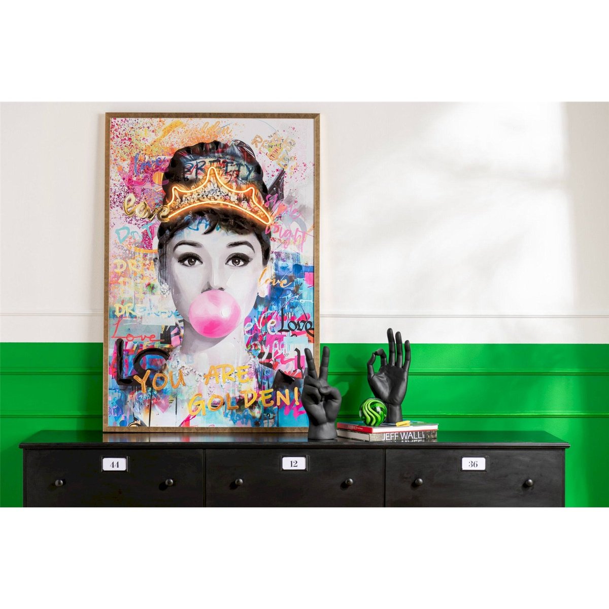 Tableau lumineux LED rectangulaire toile multicolore avec détails dorés, RECOLLECTION