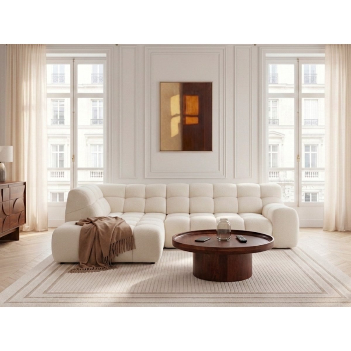 Canapé d'angle convertible 4 places en tissu chenille, ANDRE blanc, BOBOCHIC