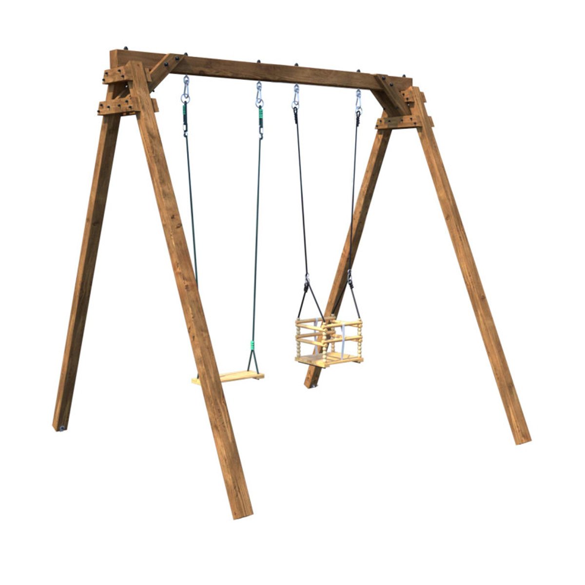 Portique en bois carré 2 agrès avec balançoire bébé AMBRE marron, SOULET