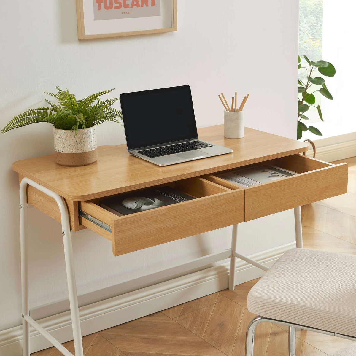Bureau 2 tiroirs ESRA blanc et effet chêne, BAÏTA