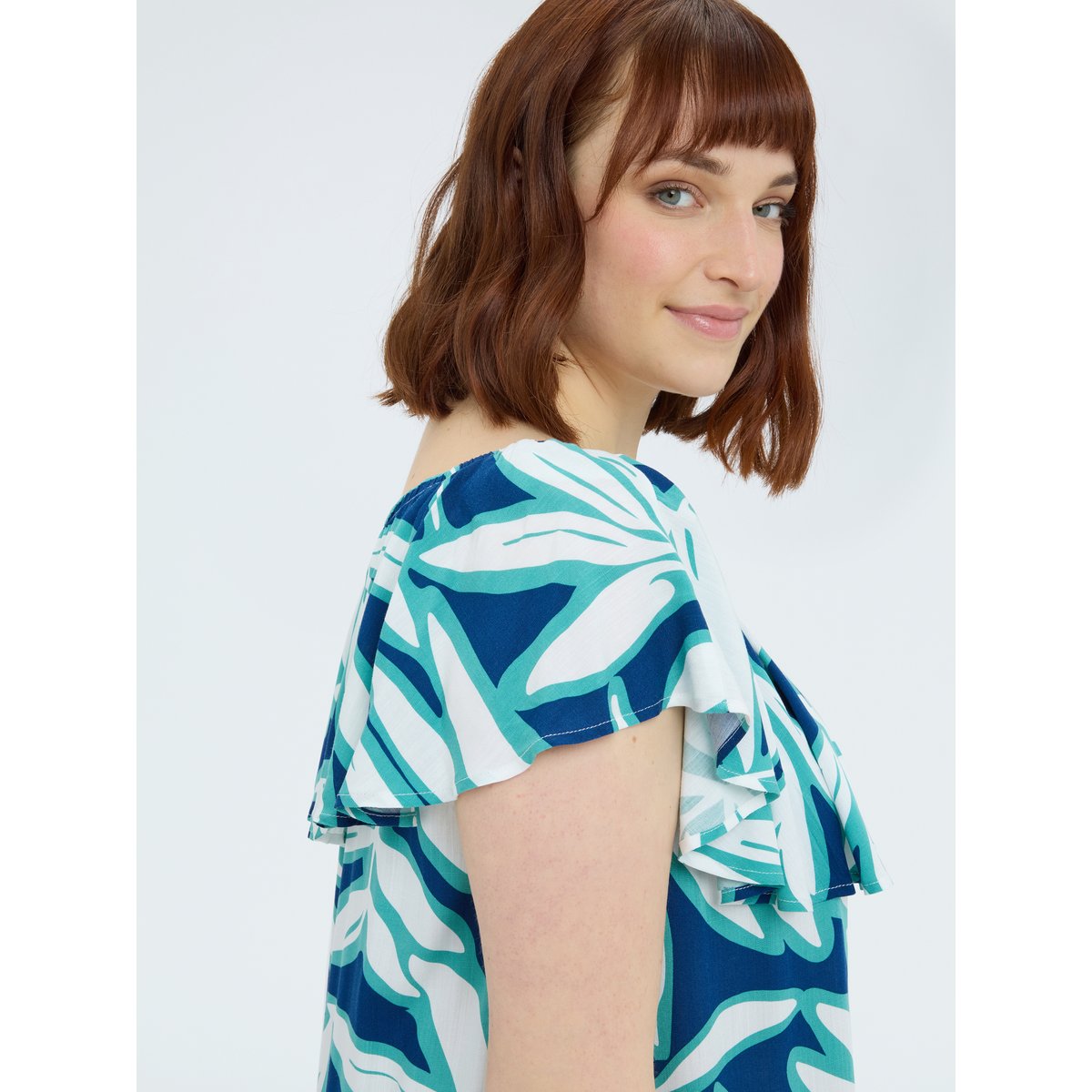Robe à épaules dénudées avec imprimé bleu, FIORELLA RUBINO