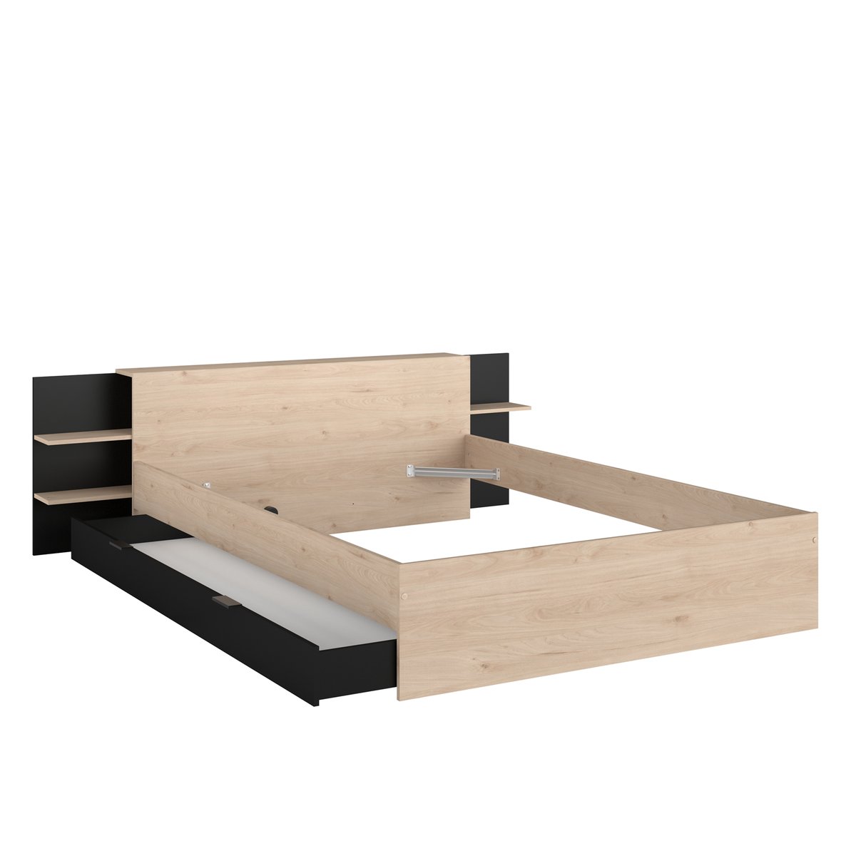 Lit avec tête de lit rangement et tiroir de lit bois naturel, TERRE DE NUIT