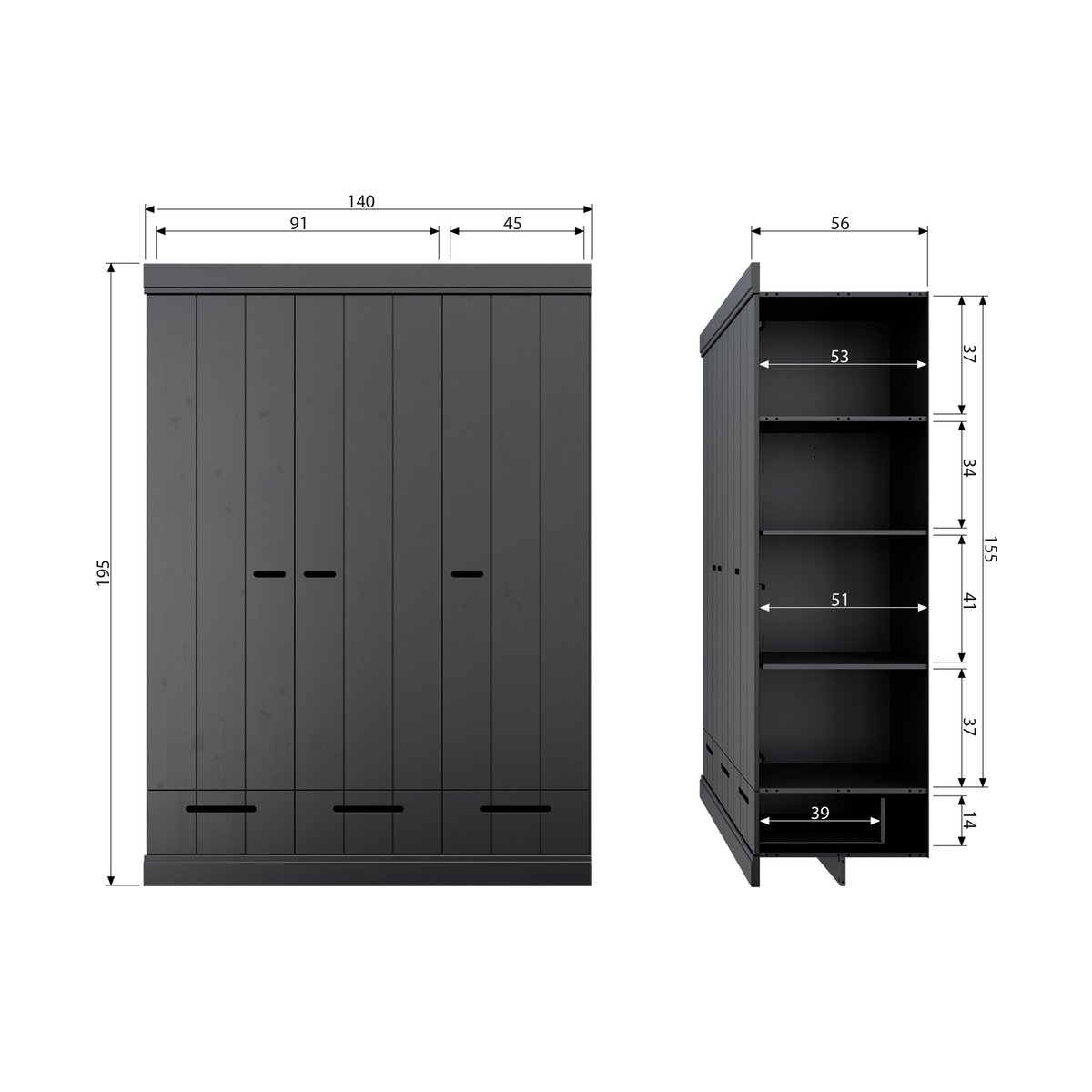 Armoire 3 portes avec tiroir en pin CONNECT noir, WOOOD