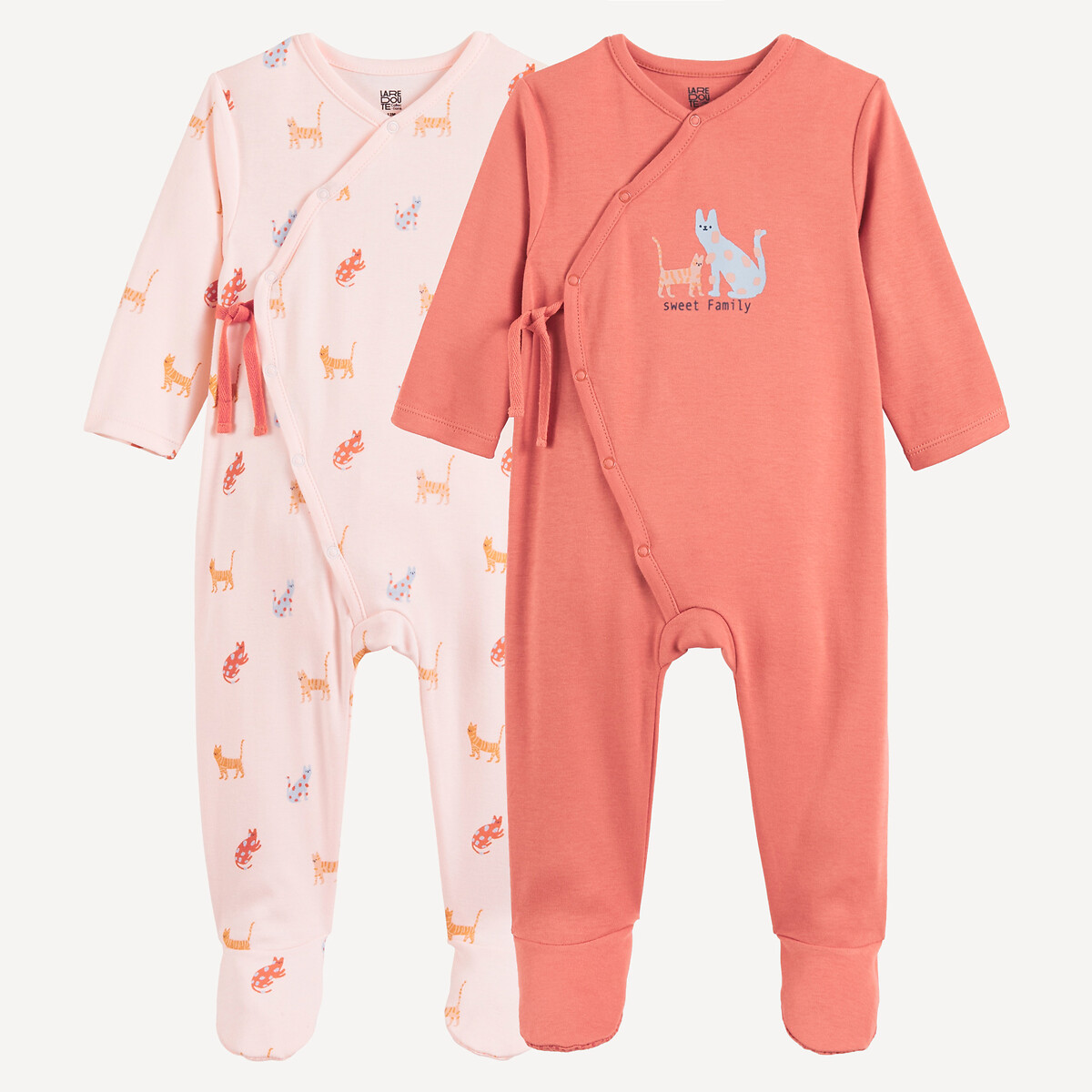 Lot de 2 pyjamas 1 pièce, en coton, imprimés chats rose + marron, LA REDOUTE COLLECTIONS