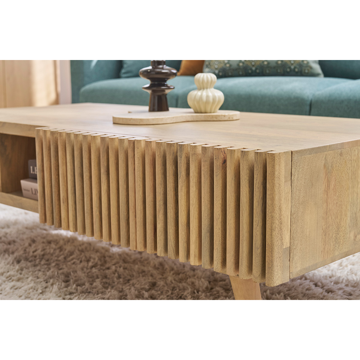 Table basse avec portes coulissantes bois manguier massif ALBA naturel, MILIBOO