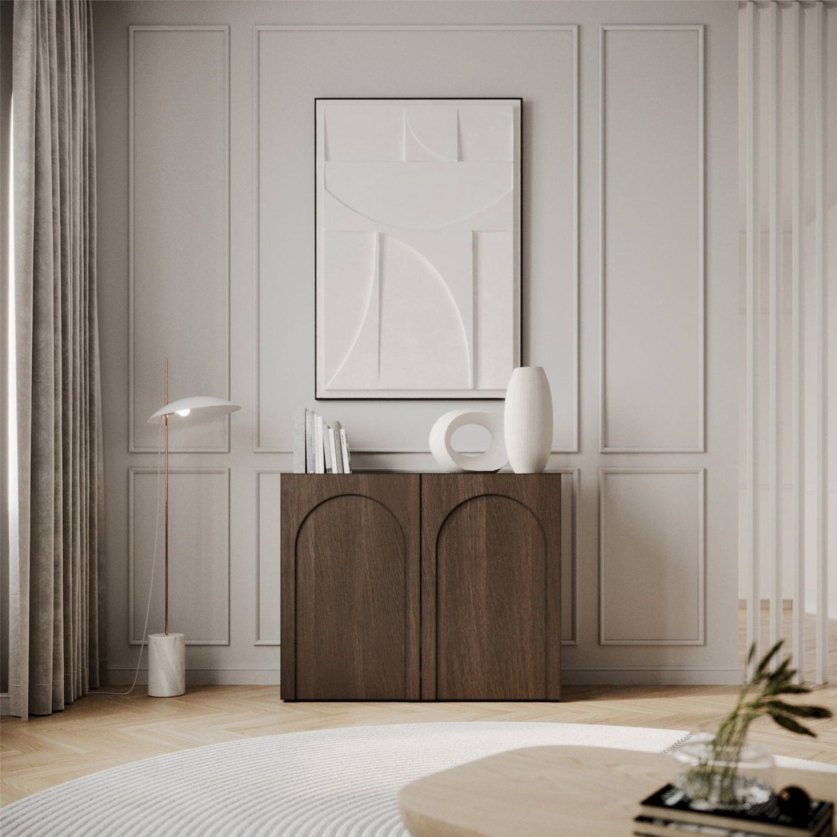 Buffet bas 2 portes rainurées collection ARKADIA cachemire mat et blanc, RECOLLECTION