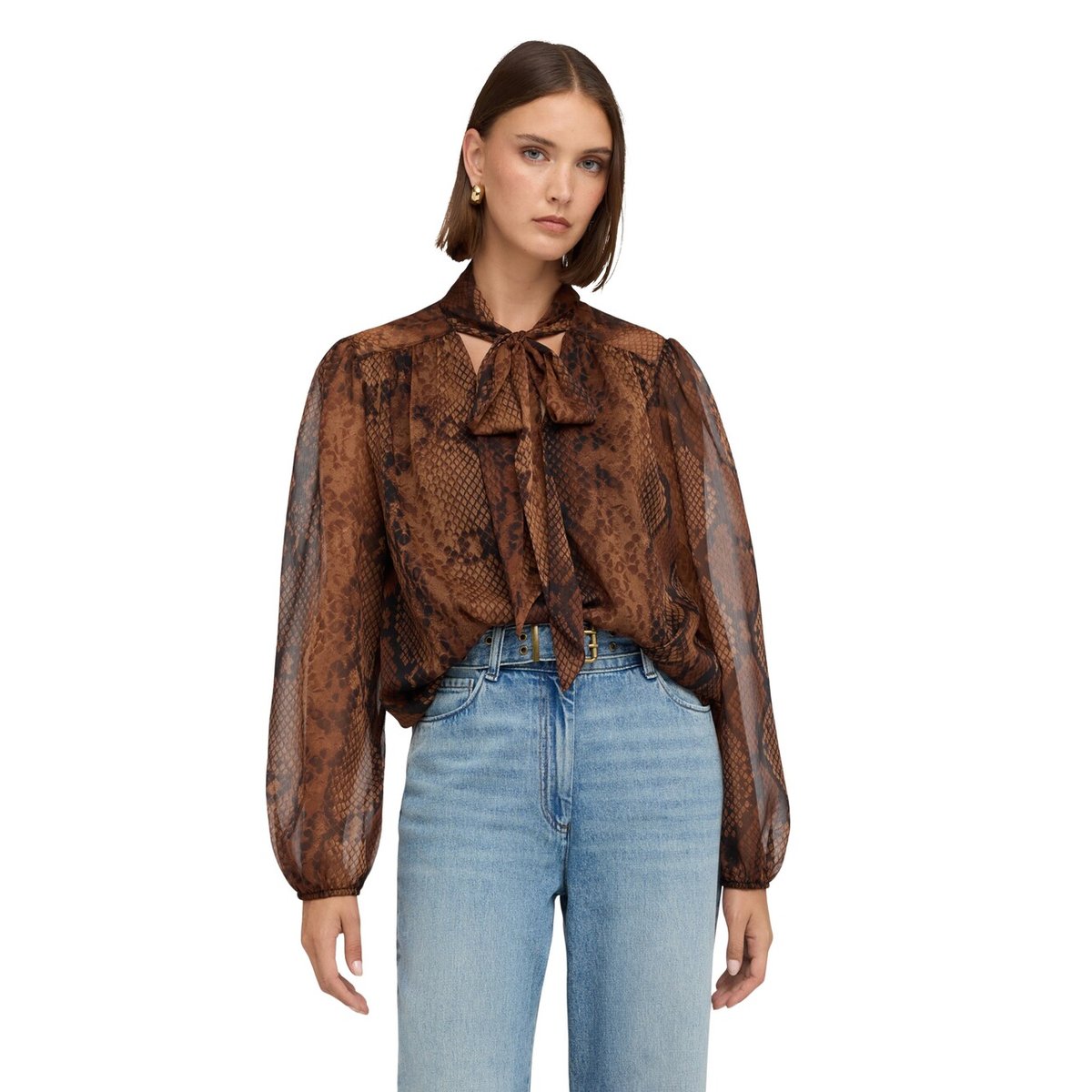 Blouse avec nœud imprimé animalier marron, MOTIVI